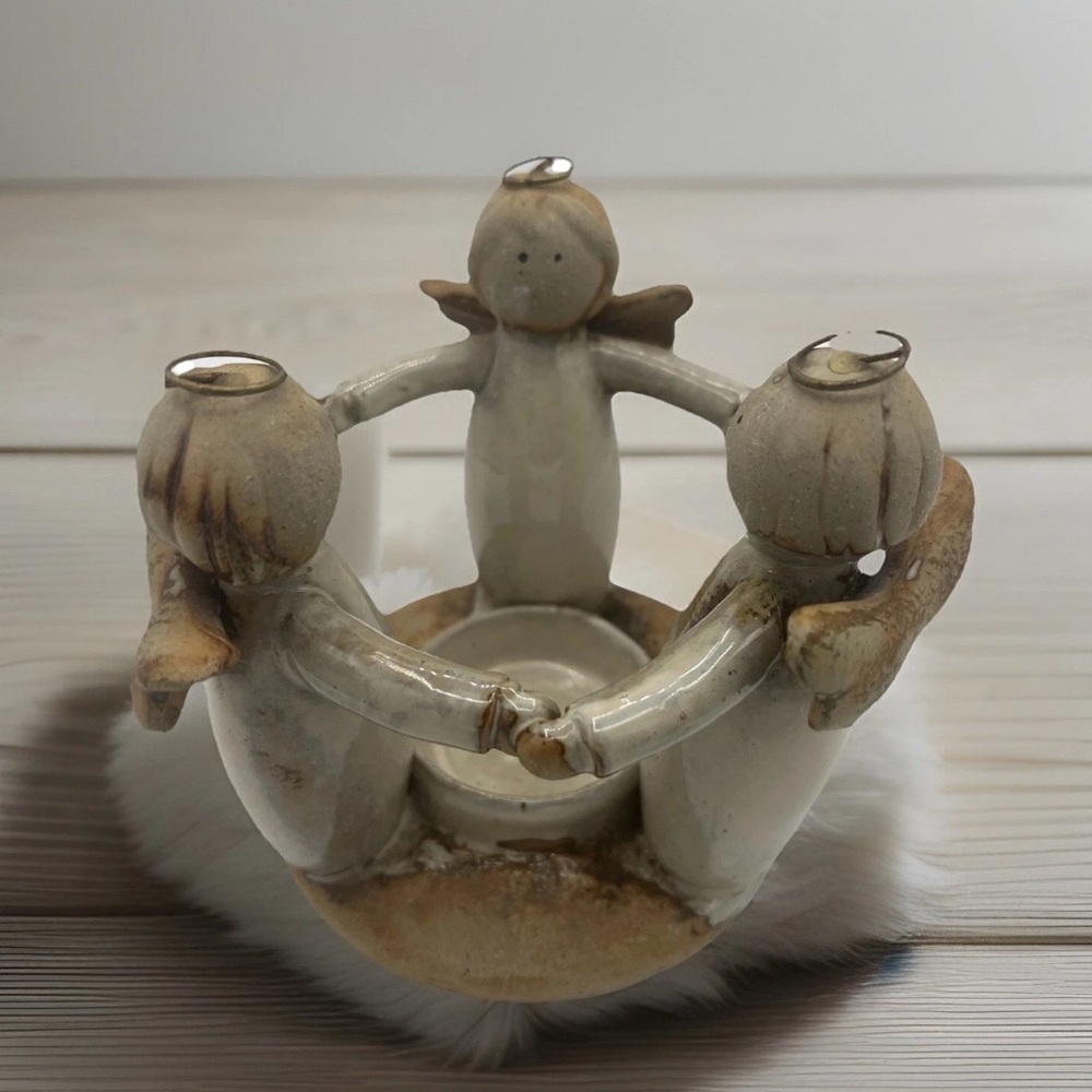 Three Clay Angels Holding Hands Pottery in a Circle ~ Candle Holder Tea Light